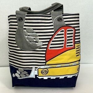 Pottery Barn Kids white navy Excavator Toy Print Tote EUC